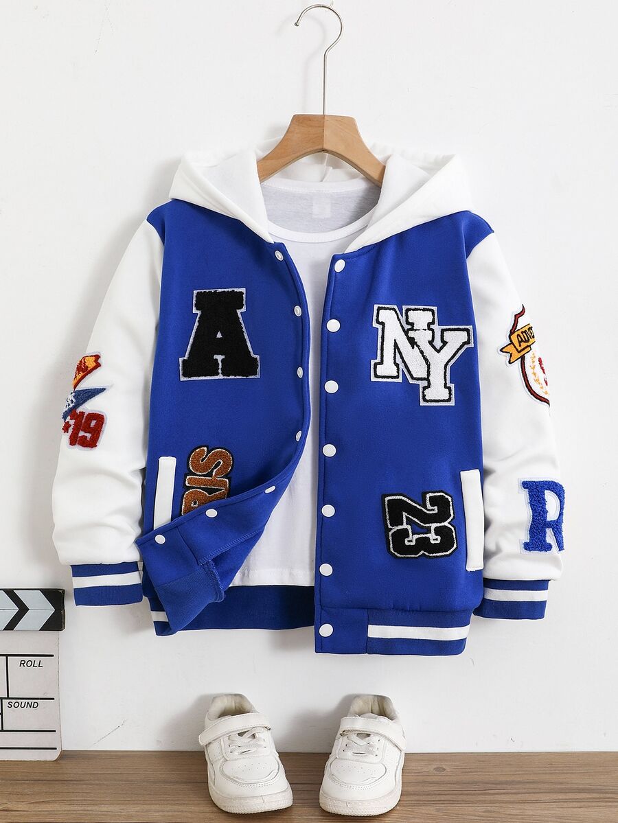 SHEIN 男孩字母印花抓絨連帽外套,秋季休閒寬鬆牛仔風校園開學棒球夾克,藍白配色大學風 - 藍色 - 查看 1