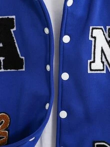 SHEIN 男孩字母印花抓絨連帽外套，秋季休閒寬鬆牛仔風校園開學棒球夾克，藍白配色大學風 - 藍色 - 查看 5