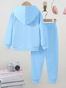 SHEIN 年轻女孩休闲时尚可爱趣味卡布奇诺芭蕾舞者图案印花连帽衫 + 裤子两件套运动服套装，适合日常、户外、运动和学校，秋冬季 - 藍色 - 查看 2