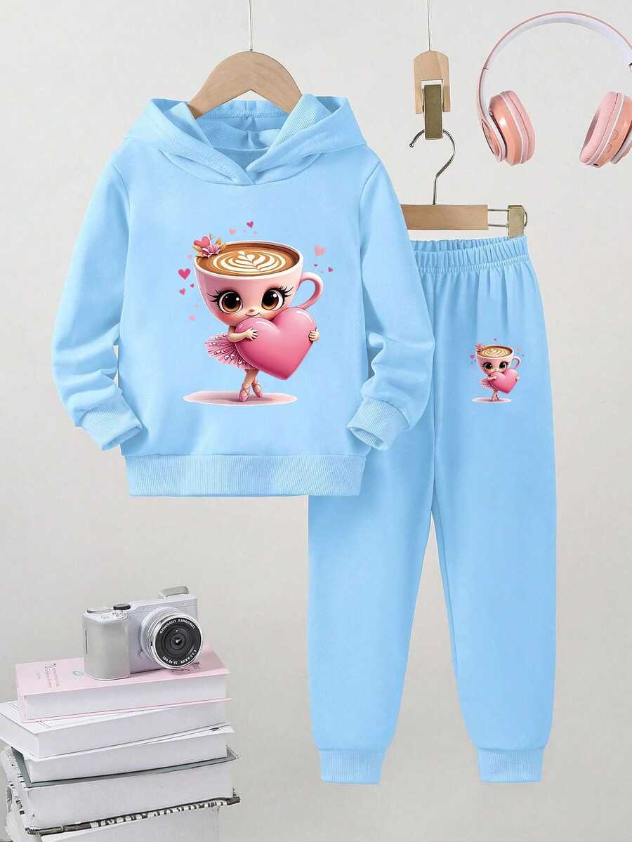 SHEIN 年轻女孩休闲时尚可爱趣味卡布奇诺芭蕾舞者图案印花连帽衫 + 裤子两件套运动服套装,适合日常、户外、运动和学校,秋冬季 - 藍色 - 查看 1
