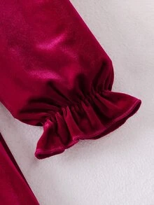 SHEIN 女童聖誕天鵝絨蝴蝶結泡泡袖洋裝，荷葉領A字版型節日派對洋裝 - 酒紅色 - 查看 5