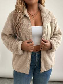 SHEIN LUNE Plus Size Casual Baggy Smart Business Reversible Fleece Patchwork Jacket For Winter Fall Zip Up Hiking Teacher Club Office Grey - Khaki - View 5