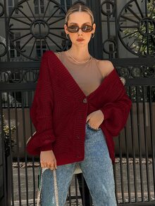 EURMUSE Cable Knit Drop Shoulder Button Front Cardigan - Red - View 3