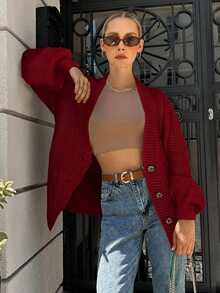 EURMUSE Cable Knit Drop Shoulder Button Front Cardigan - Red - View 4