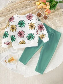 SHEIN 1 套女婴休闲时尚清新可爱甜美花卉雏菊图案圆领运动衫和打底裤套装，秋冬装 - 彩色 - 查看 2
