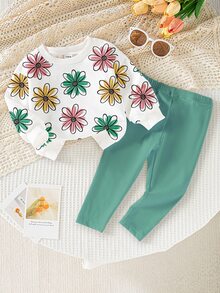 SHEIN 1 Set Baby Girls Casual Fashion Fresh Cute Sweet Floral Daisy Pattern Crew Neck Sweatshirt And Leggings Set, Autumn/Winter Outfit - Multicolor - View 1