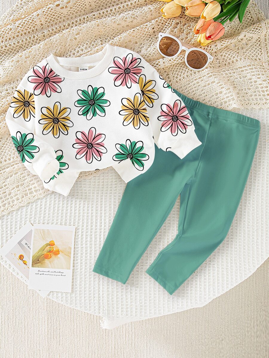 SHEIN 1 Set Baby Girls Casual Fashion Fresh Cute Sweet Floral Daisy Pattern Crew Neck Sweatshirt And Leggings Set, Autumn/Winter Outfit - Multicolor - View 1