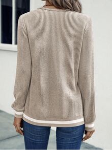 EMERY ROSE Women's Casual Preppy Ribbed V-Neck Long Sleeve Sweatshirt, Versatile Back-To-School Bachelorette School White Autumn - Apricot - View 2