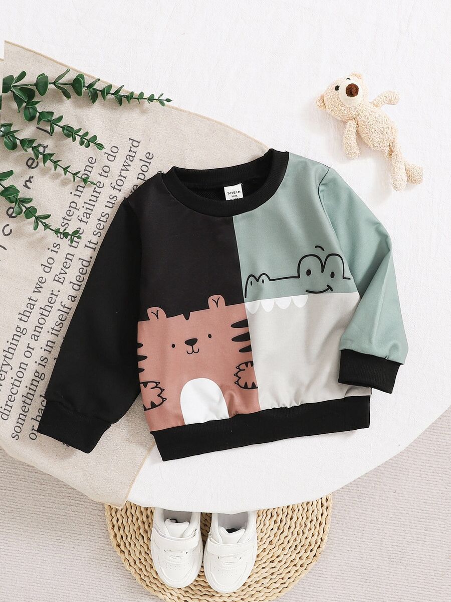 SHEIN 幼童男童拼色卡通動物印花圓領長袖運動衫,可愛休閒日系風,適合戶外穿著,秋冬款黑色 - 彩色 - 查看 1