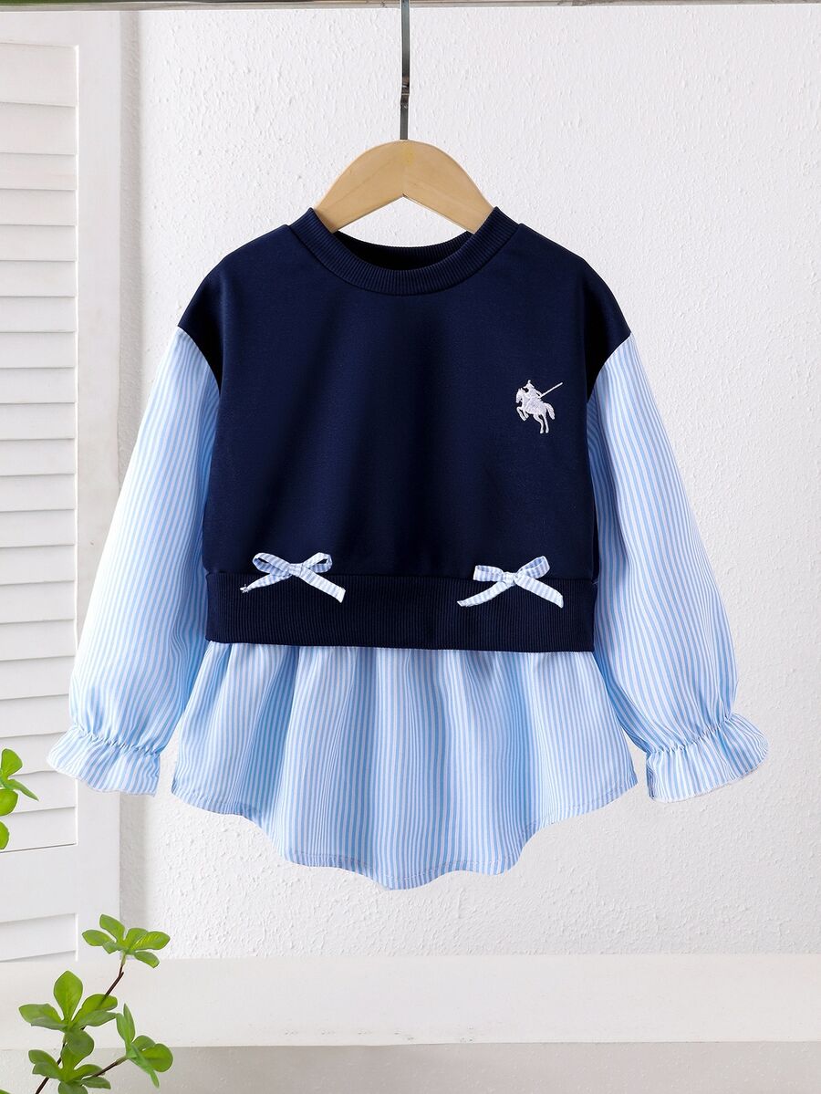 Genkimix Kids 女童假兩件式條紋拼接刺繡蝴蝶結長袖套頭衛衣,學院風秋冬上衣 - 藍色 - 查看 1