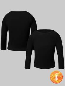 2pcs Boys' Black Long Sleeve Thermal Underwear Set,Soft Fleece Fabric,Simple & Comfortable Winter Layering,Stretchy & Machine Washable Fall Clothing - Black - View 3