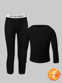 2pcs Boys' Black Long Sleeve Thermal Underwear Set,Soft Fleece Fabric,Simple & Comfortable Winter Layering,Stretchy & Machine Washable Fall Clothing - Black - View 1