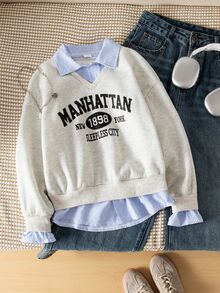 青少年女孩搖粒絨秋季服飾淺灰色運動衫，秋季休閒校園返校日系風，藍白條紋襯衫領 - 淺灰色 - 查看 1