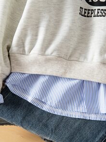 青少年女孩搖粒絨秋季服飾淺灰色運動衫，秋季休閒校園返校日系風，藍白條紋襯衫領 - 淺灰色 - 查看 4