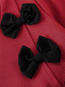 SHEIN Playful Pals Toddler Girl Bow Sweatshirt Flare Pants Set Solid Ribbed Long Sleeve Pullover Tops Bell-Bottom Trousers 2Pcs Outfits Family Matching Red Black Autumn - Red - View 7