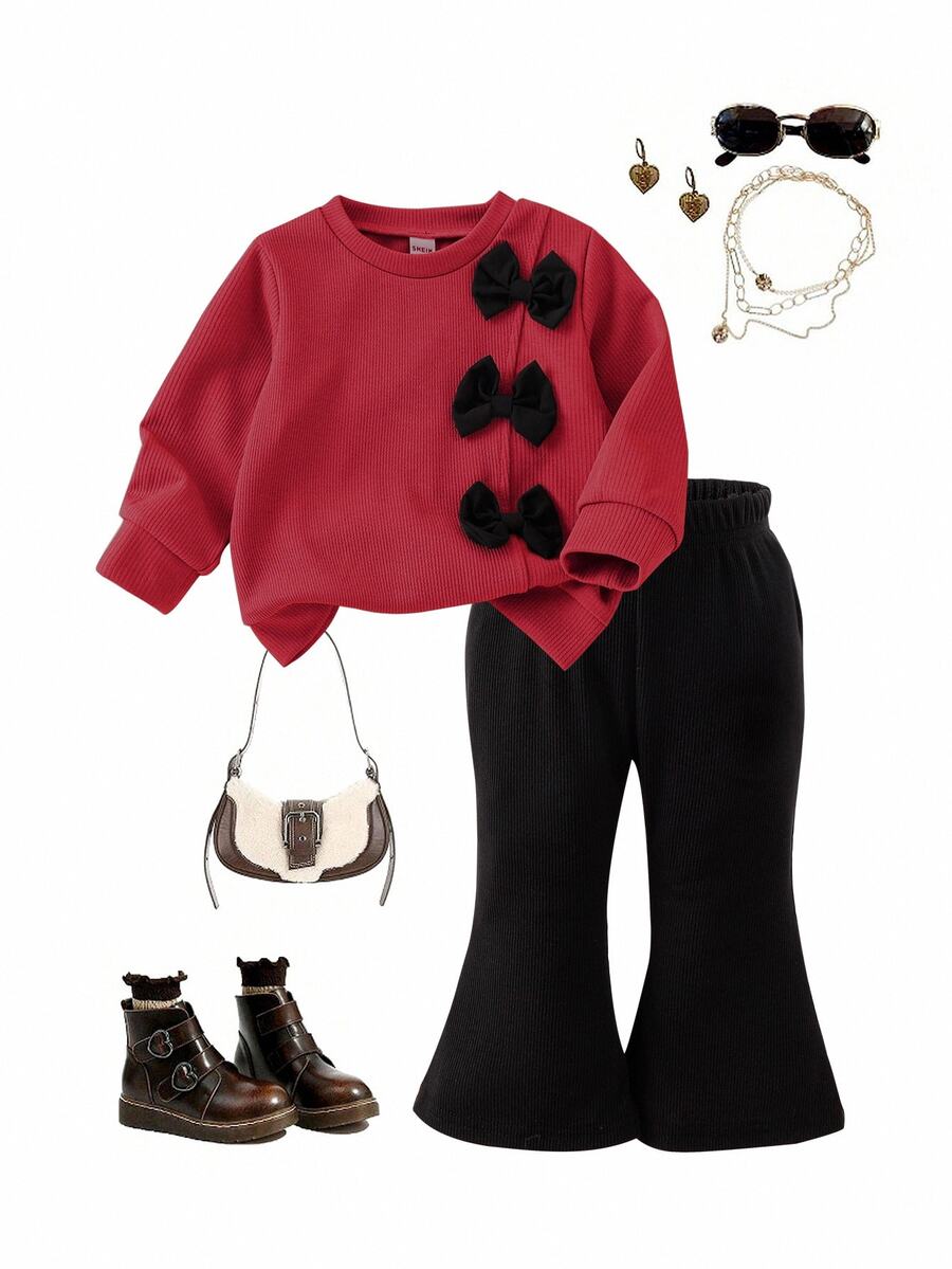 SHEIN Playful Pals Toddler Girl Bow Sweatshirt Flare Pants Set Solid Ribbed Long Sleeve Pullover Tops Bell-Bottom Trousers 2Pcs Outfits Family Matching Red Black Autumn - Red - View 1