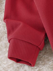 SHEIN Playful Pals Toddler Girl Bow Sweatshirt Flare Pants Set Solid Ribbed Long Sleeve Pullover Tops Bell-Bottom Trousers 2Pcs Outfits Family Matching Red Black Autumn - Red - View 5