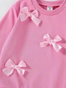 SHEIN 2pcs/Set Young Girl' Minimalist Fashion Pink Bow Black Top And Pink Pants Sweatsuit Set School Autumn - Pink - View 5