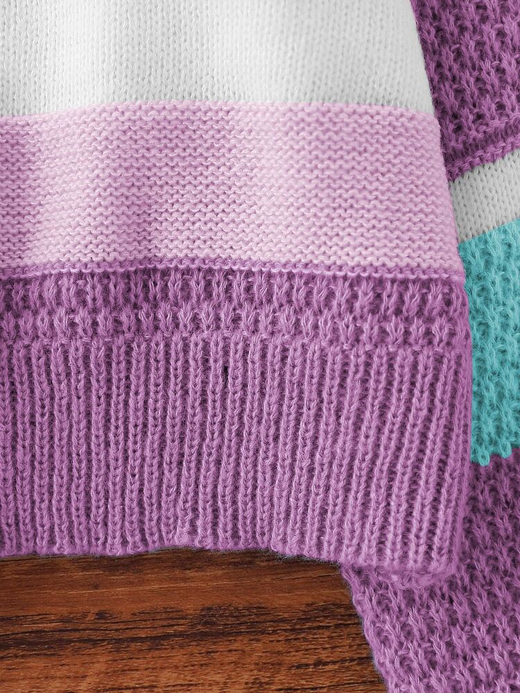 SHEIN Cute Purple Colorful Striped Sweater,Fashionable Knit Top Jumper For Teen Girls,Autumn Back-To-School Holiday Tween Girl Clothes,Casual Style Outfit - Purple - View 5