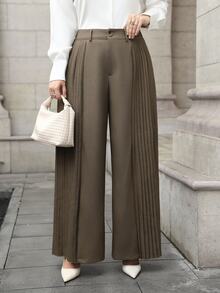 Juhart Plus Size Pleated Patchwork Casual & Office Wear Straight Leg Pants For Women - Chocolate Brown - View 6