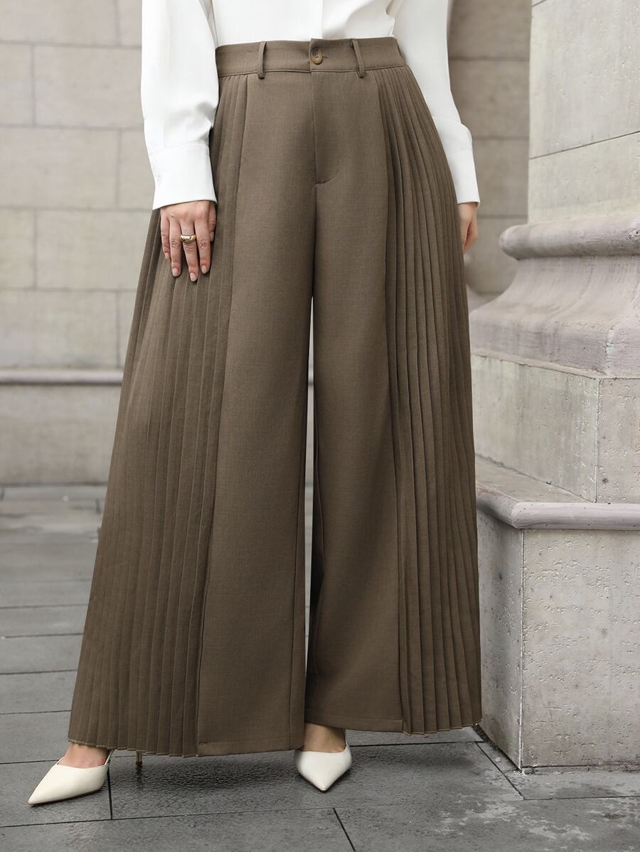 Juhart Plus Size Pleated Patchwork Casual & Office Wear Straight Leg Pants For Women - Chocolate Brown - View 1