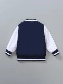 SHEIN Playful Pals 男童撞色条纹罗纹领可爱小熊印花双面拉链夹克 - 黑色 - 查看 2