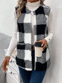 SHEIN LUNE Buffalo Plaid Print Open Front Teddy Vest Coat In Fall/Winter,Fall - Black and White - View 6