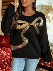 EMERY ROSE Plus Size Women Sparkly Bow Decor Round Neck Drop Shoulder Loose Fit Knit Sweater, Autumn/Winter Knit Pullover Fall - Black - View 5