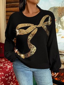 EMERY ROSE Plus Size Women Sparkly Bow Decor Round Neck Drop Shoulder Loose Fit Knit Sweater, Autumn/Winter Knit Pullover Fall - Black - View 3