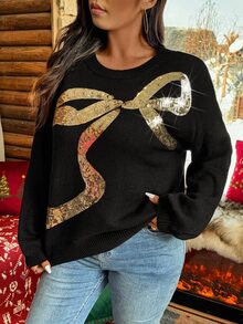 EMERY ROSE Plus Size Women Sparkly Bow Decor Round Neck Drop Shoulder Loose Fit Knit Sweater, Autumn/Winter Knit Pullover Fall - Black - View 6