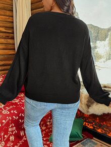 EMERY ROSE Plus Size Women Sparkly Bow Decor Round Neck Drop Shoulder Loose Fit Knit Sweater, Autumn/Winter Knit Pullover Fall - Black - View 2