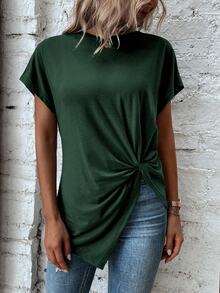EMERY ROSE Women's Round Neck Batwing Sleeve Twist Waist Design Casual Solid Color T-Shirt - Green - View 6