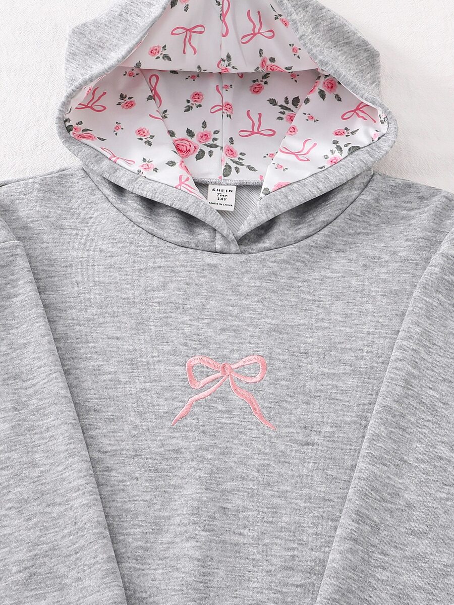 Teen Girl Casual Cute Fashionable Pink Bow Embroidered Sweatshirt Grey Autumn Birthday Farewell - Grey - View 1