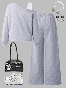 SHEIN 青少年女孩秋季套裝 2件/組 灰色可愛牛仔女孩運動圖案校園返校衛衣 假期學生家庭套裝 淺灰色 - 灰色 - 查看 2