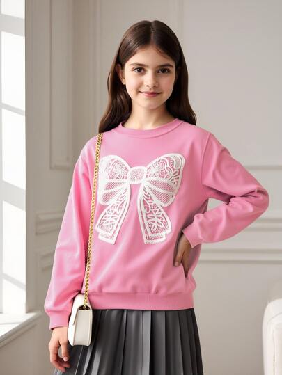 Tween Girls Faux Lace Bow Applique Sweatshirt Cute Crewneck Long Sleeve Pullover Sweet Fall Winter Casual Tops