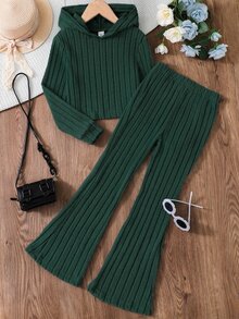 SHEIN 青少年女孩純色羅紋連帽衛衣與喇叭褲休閒韓系運動兩件套，秋季校園度假風，綠色系 - 墨綠色 - 查看 2