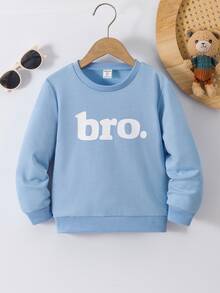 SHEIN Explorewe 小男孩熱銷圓領字母「Bro.」印花長袖軟綿寬鬆休閒日常兒童套頭上衣 - 藍色 - 查看 1