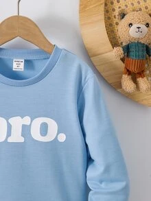 SHEIN Explorewe 小男孩熱銷圓領字母「Bro.」印花長袖軟綿寬鬆休閒日常兒童套頭上衣 - 藍色 - 查看 6