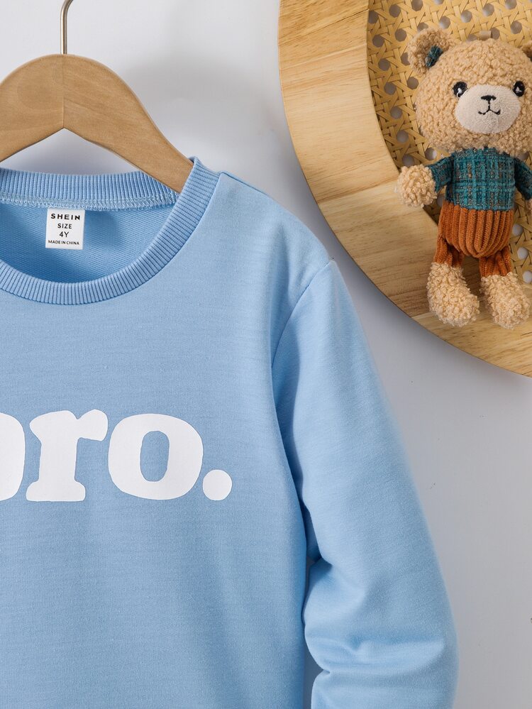 SHEIN Explorewe Young Boy Hot Selling Crew Neck Sweatshirt Letter "Bro." Print Long Sleeve Soft Loose Casual Daily Kids Pullover Tops - Blue - View 6