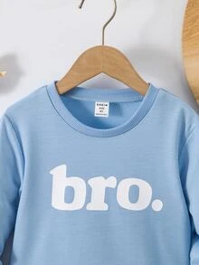 SHEIN Explorewe 小男孩熱銷圓領字母「Bro.」印花長袖軟綿寬鬆休閒日常兒童套頭上衣 - 藍色 - 查看 4