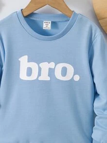 SHEIN Explorewe 小男孩熱銷圓領字母「Bro.」印花長袖軟綿寬鬆休閒日常兒童套頭上衣 - 藍色 - 查看 5