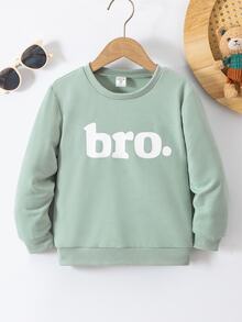 SHEIN Explorewe 男孩熱銷字母「Bro.」印花圓領長袖休閒套頭衛衣，柔軟寬鬆版型，日常穿著童裝上衣 - 綠色 - 查看 1