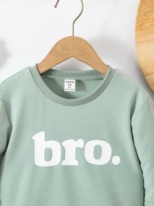 SHEIN Explorewe 男孩熱銷字母「Bro.」印花圓領長袖休閒套頭衛衣，柔軟寬鬆版型，日常穿著童裝上衣 - 綠色 - 查看 6
