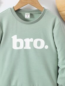 SHEIN Explorewe 男孩熱銷字母「Bro.」印花圓領長袖休閒套頭衛衣，柔軟寬鬆版型，日常穿著童裝上衣 - 綠色 - 查看 5