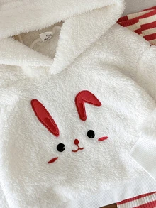 SHEIN 2pcs Baby Girls Rabbit Embroidery Hoodie Sweatshirt With Rabbit Ears White Fuzzy Trim Red And White Striped White Striped Pants Set Funny Cute Autumn - Red - View 4