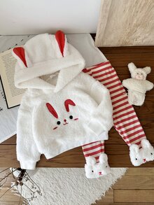 SHEIN 2pcs Baby Girls Rabbit Embroidery Hoodie Sweatshirt With Rabbit Ears White Fuzzy Trim Red And White Striped White Striped Pants Set Funny Cute Autumn - Red - View 1