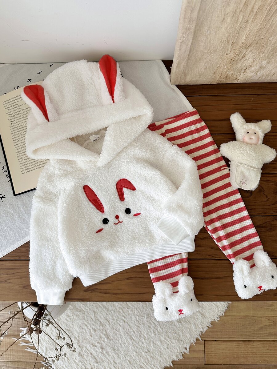 SHEIN 2pcs Baby Girls Rabbit Embroidery Hoodie Sweatshirt With Rabbit Ears White Fuzzy Trim Red And White Striped White Striped Pants Set Funny Cute Autumn - Red - View 1