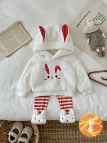 SHEIN 2件組女嬰兔子刺繡連帽衛衣，附兔子耳朵、白色毛絨飾邊，紅白條紋，搭配白色條紋長褲套裝，趣味可愛秋季款 - 紅色 - 查看 5