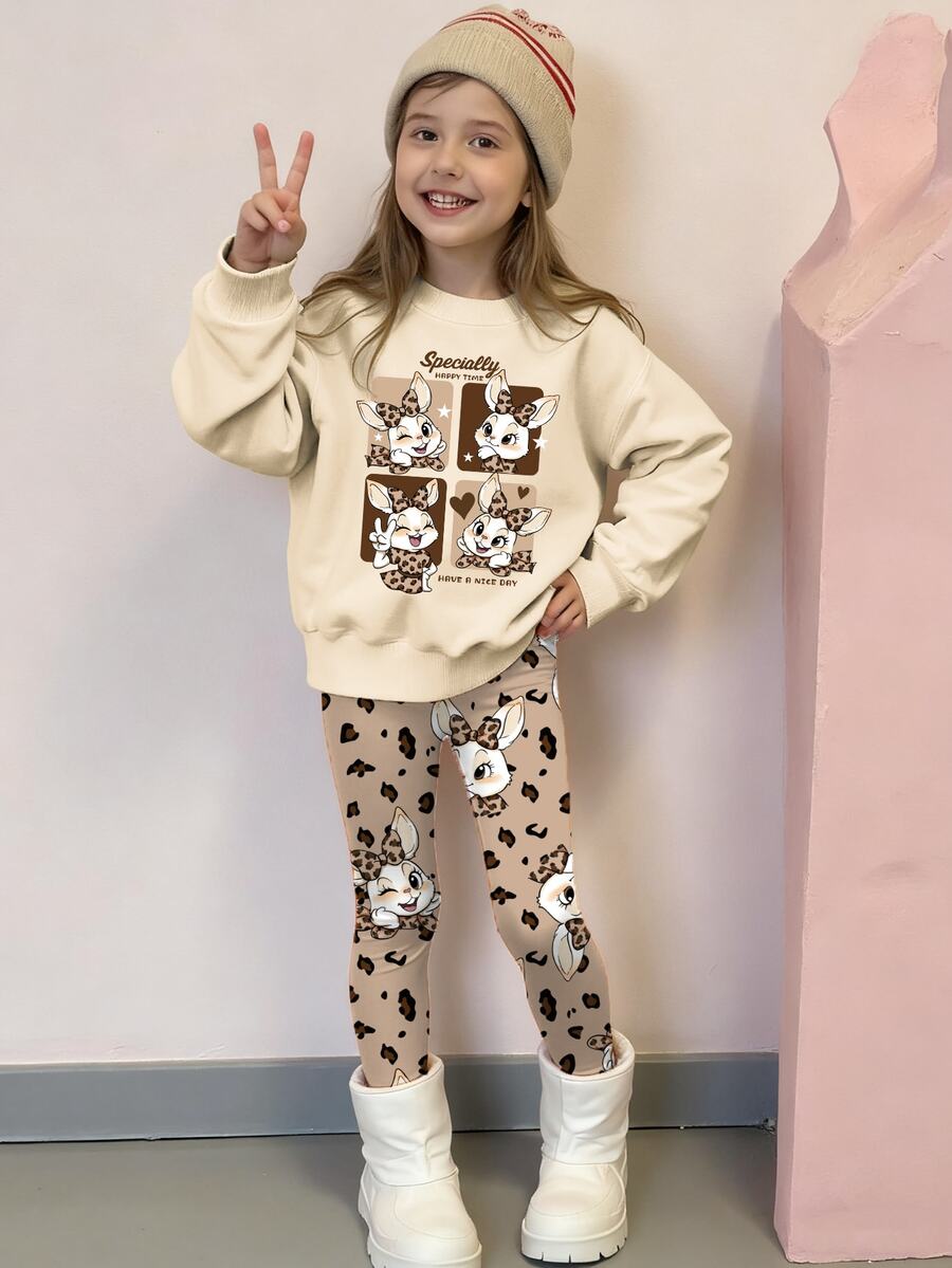 SHEIN Sparklyn 2pcs/Set Cute Rabbit & Leopard Print Girls Crew Neck Sweatshirt And Leggings Set, Fashion Casual, Suitable For Autumn/Winter - Multicolor - View 1