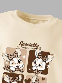 SHEIN Sparklyn 2 件套可爱兔子和豹纹女童圆领运动衫和紧身裤套装，时尚休闲，适合秋冬 - 彩色 - 查看 5